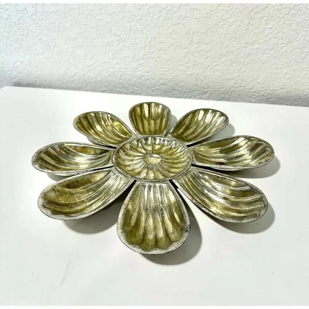 Vintage Tart Tin Daisy Flower Brass Color Stainless Steel Plate Serving Tray